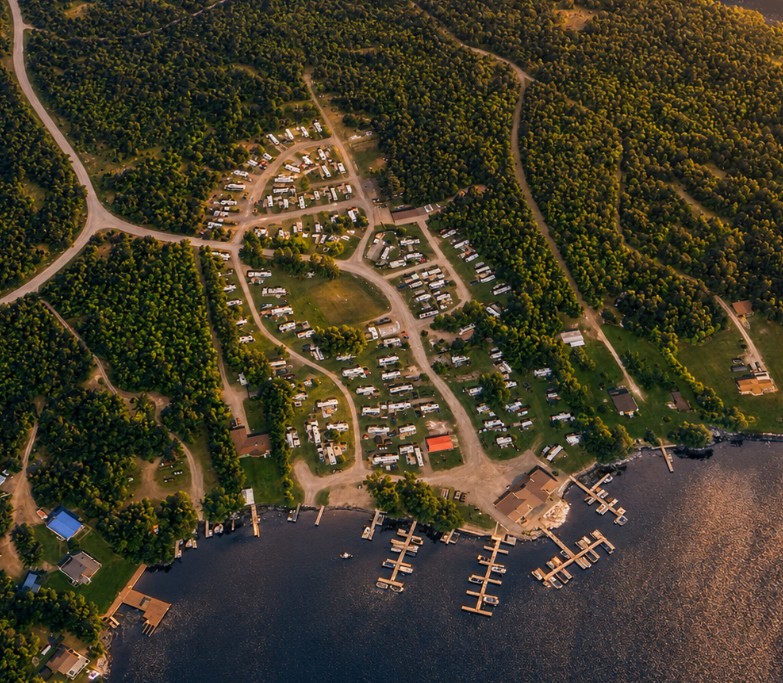Aerial view of Victoria Lodge and Trailer Park on the West Arm of Lake Nipissing