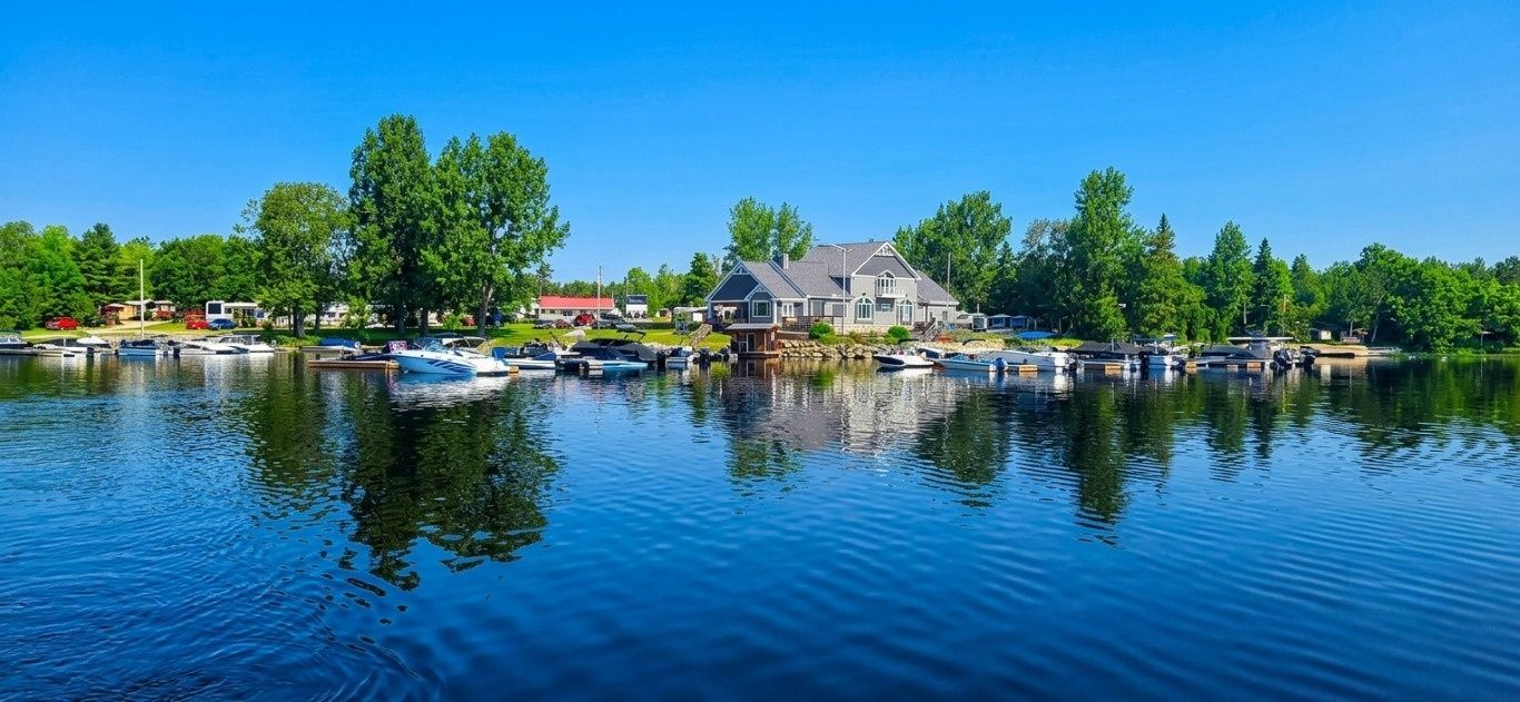 Summer view of the marina docks at Victoria Lodge on the West Arm of Lake Nipissing